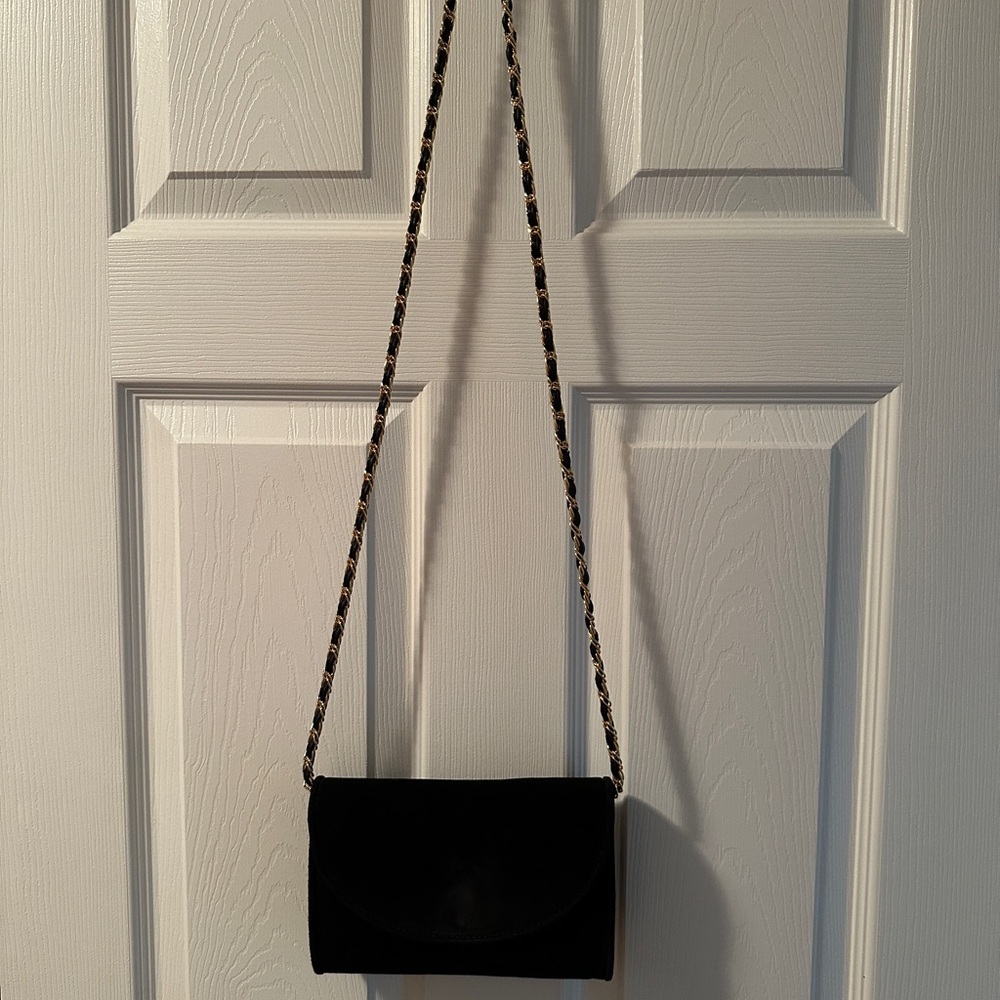 Jennifer Moore Black Suede Leather Purse with Gold Chain